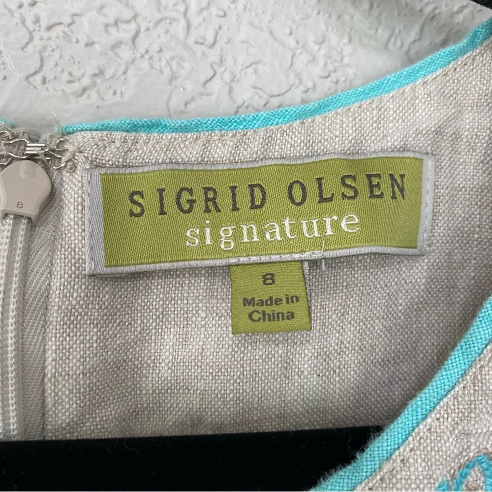 SIGRID OLSEN Signature Women's SZ 8 Linen Beige Embroidered Sheath Dress Career - Picture 3 of 7
